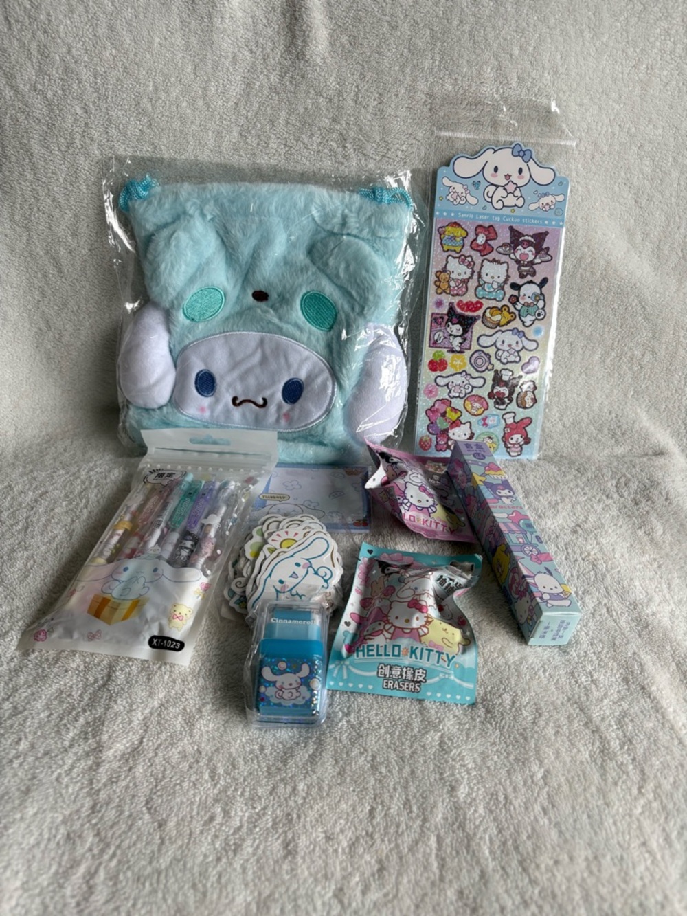 Cinnamoroll Bundle #3E - Drawstring Bag Pouch, Erasers, Pens, Stickers & More